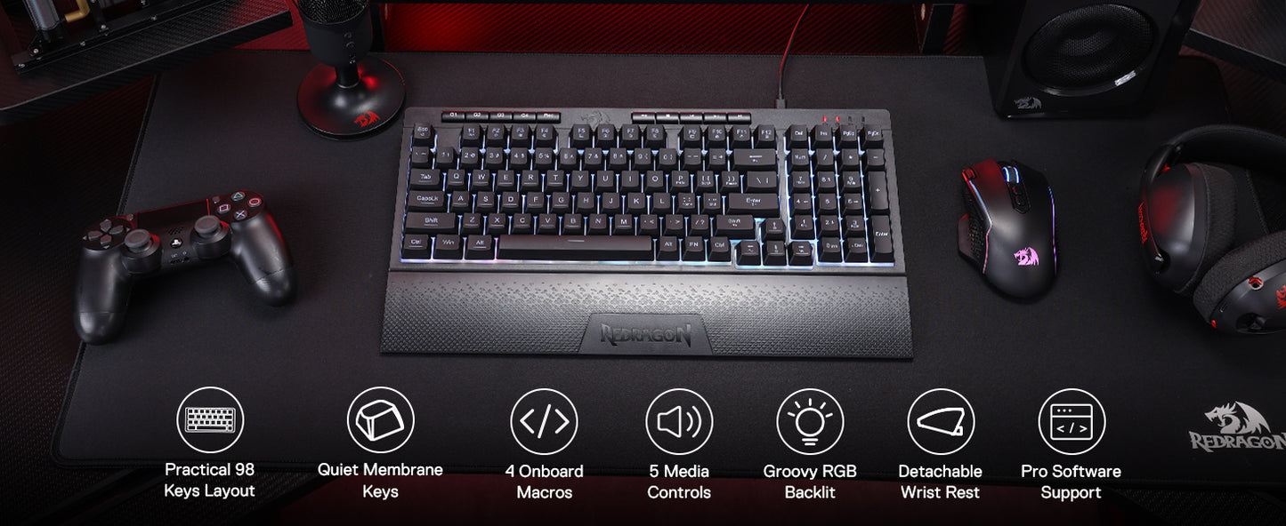 Redragon K515 Shiva RGB Gaming Keyboard | 98 Keys Mechanical Feel | Linear Switch | Detachable Wrist Rest | USB Wired