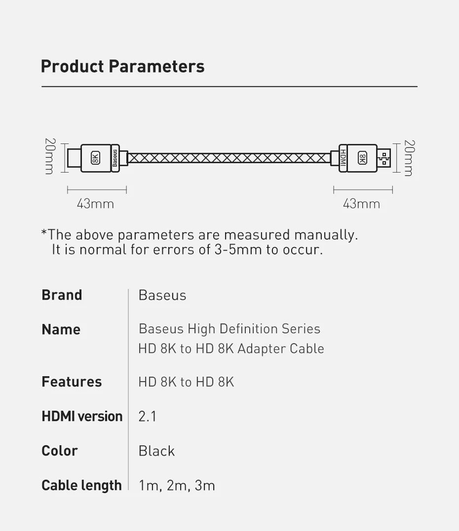 Baseus HDMI 2.1 8K Adapter Cable | Ultra HD 48Gbps | 3D, HDR, VRR, Dual Screen Modes – High Definition Series for PS5, TV, Mi Box, Projectors