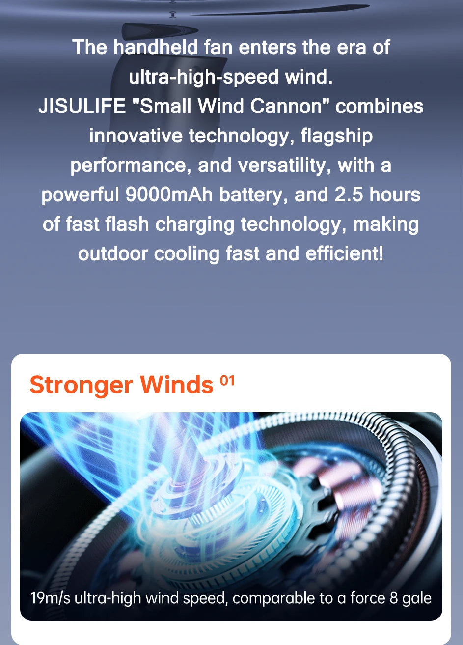 JISULIFE Portable Turbo Handheld Fan – 100 Adjustable Wind Speeds, 9000mAh Rechargeable Battery with LED Display for Outdoor & Camping