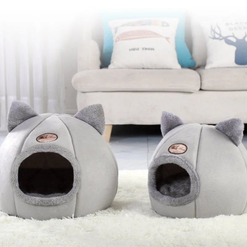 Winter Warm Cat Bed – Cozy Cat Cave Tent with Removable Cushion Pillow | Cute Cat Head Shape Pet Bed