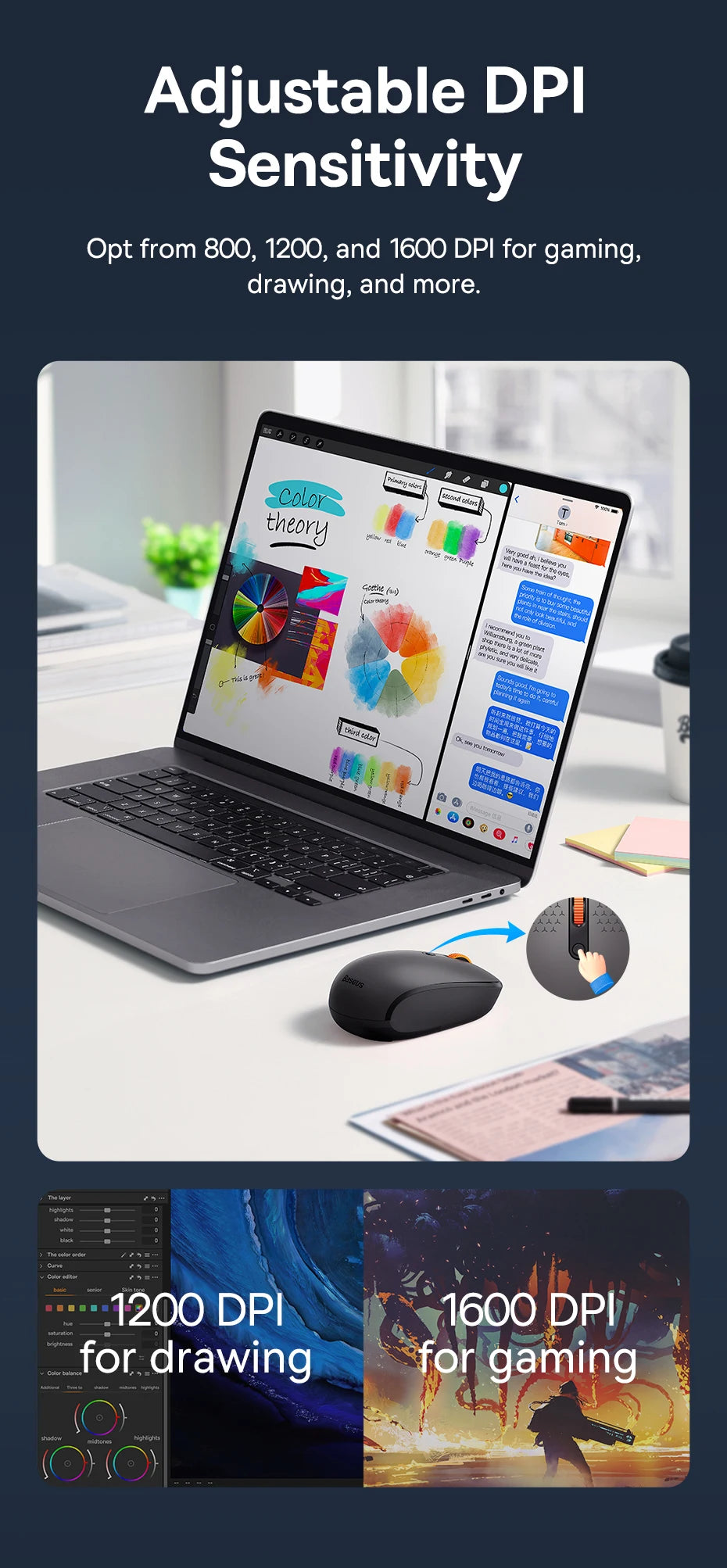 Baseus Wireless Bluetooth Mouse F01B | 3-Mode Connection (2.4G/BT5.0/BT3.0) | Ergonomic, Silent Click | for Laptop, Mac, PC
