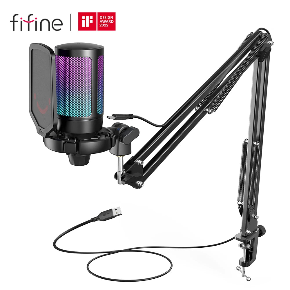 FIFINE A6T USB Gaming Microphone Kit | RGB Condenser Mic with Arm Stand, Mute Button | For Streaming, PS4/PS5, PC, YouTube, Discord