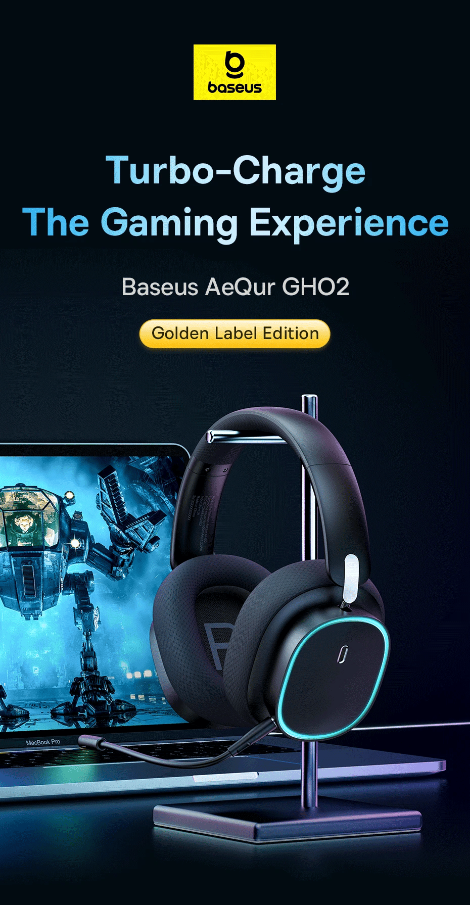 Baseus GH02 Wireless Gaming Headphones with Mic | Bluetooth 5.3, 40mm Drivers, RGB, 2.4G/Wired/BT – 40H Battery, Over-Ear Headset