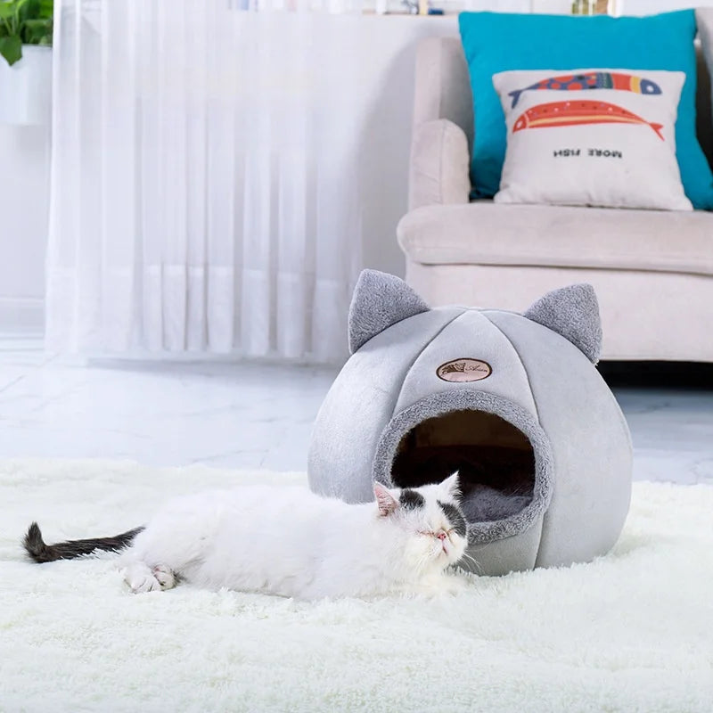 Winter Warm Cat Bed – Cozy Cat Cave Tent with Removable Cushion Pillow | Cute Cat Head Shape Pet Bed