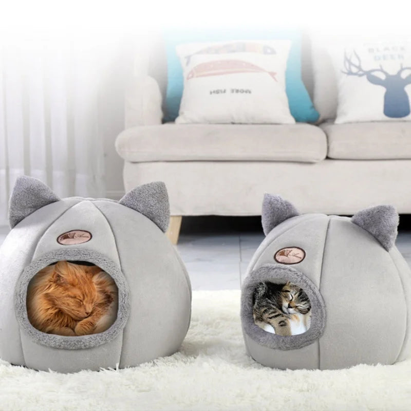 Winter Warm Cat Bed – Cozy Cat Cave Tent with Removable Cushion Pillow | Cute Cat Head Shape Pet Bed