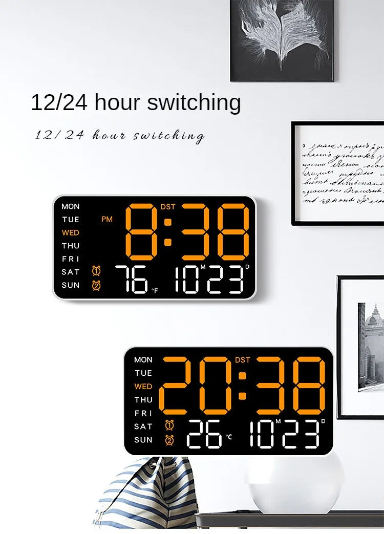 LED Digital Wall Clock – Temperature, Date & Week Display with Alarm, Voice Control & Adjustable Brightness