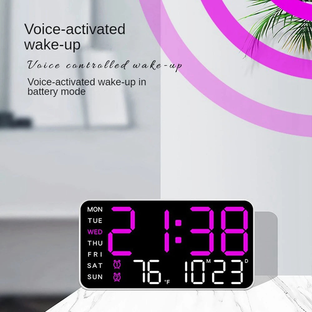 LED Digital Wall Clock – Temperature, Date & Week Display with Alarm, Voice Control & Adjustable Brightness