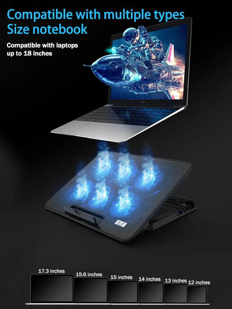 Gaming Laptop Cooling Pad – Large LED Stand with 6 High-Speed Fans (2300–2600 RPM) & Dual USB Ports for 12–18" Laptops