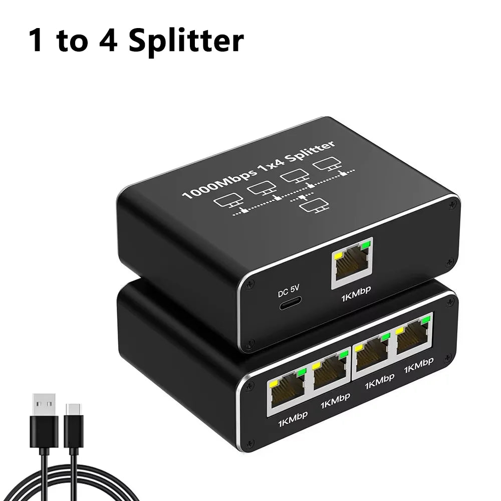1000Mbps Ethernet Splitter – 1-in-4-Out RJ45 LAN Adapter Cat6 Gigabit Network Switch for PC, Laptop, TV Box & Router