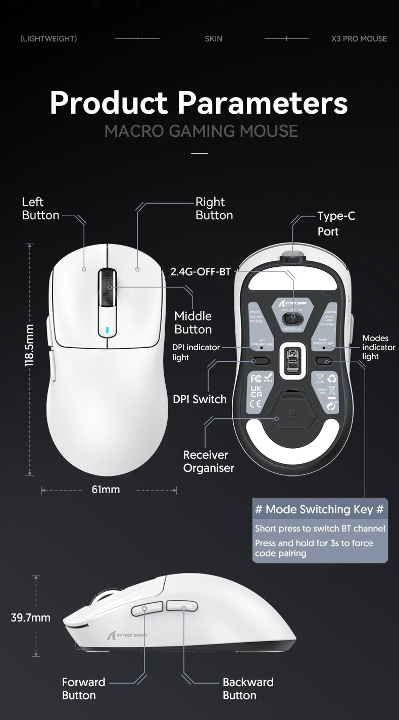 Attack Shark X3Pro / X3 Wireless Gaming Mouse | 26000 DPI PAW3395 Sensor | Tri-Mode Connection | 4K Polling Rate | 59g Ultra Lightweight