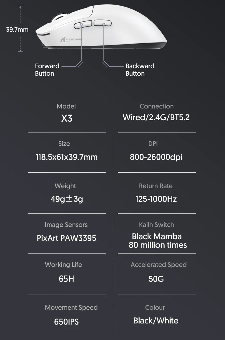 Attack Shark X3Pro / X3 Wireless Gaming Mouse | 26000 DPI PAW3395 Sensor | Tri-Mode Connection | 4K Polling Rate | 59g Ultra Lightweight