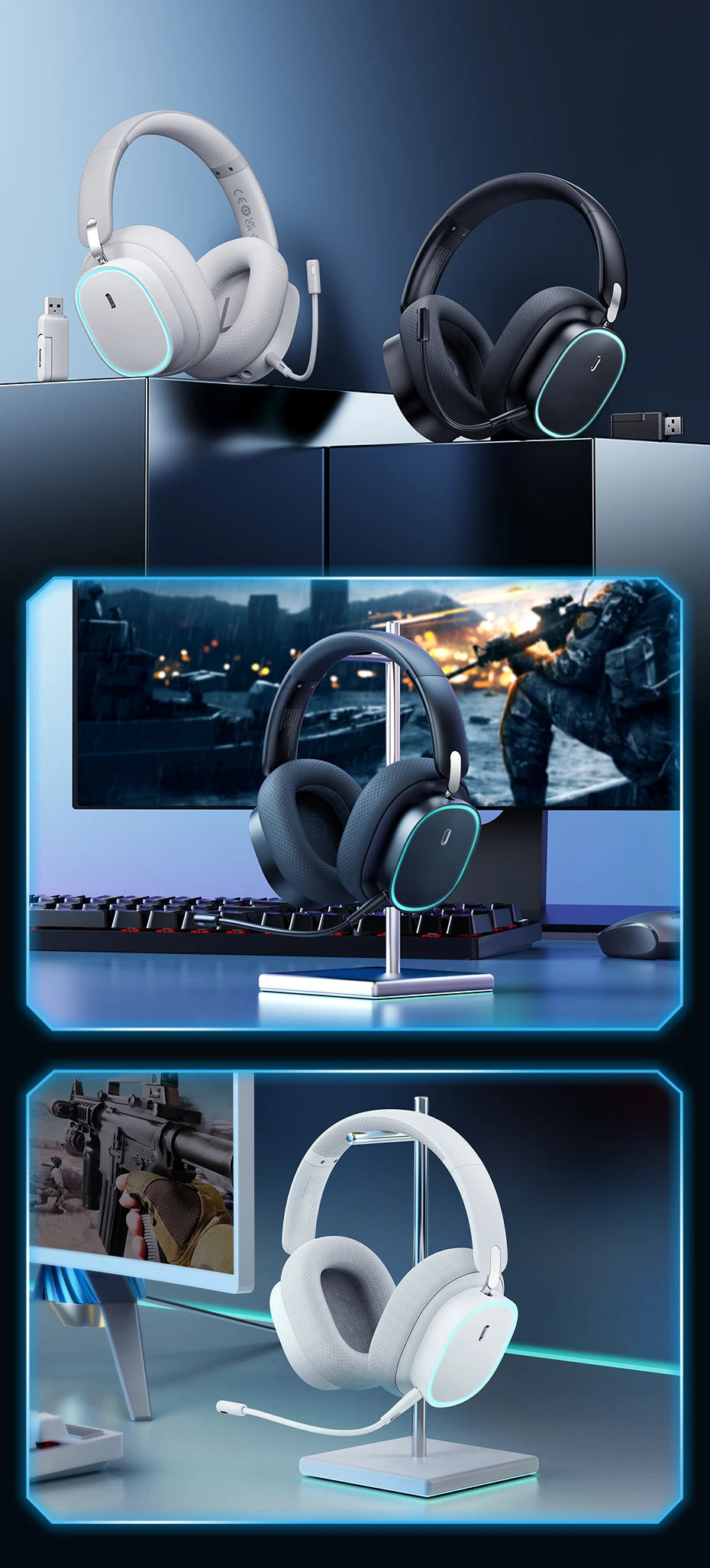 Baseus GH02 Wireless Gaming Headphones with Mic | Bluetooth 5.3, 40mm Drivers, RGB, 2.4G/Wired/BT – 40H Battery, Over-Ear Headset