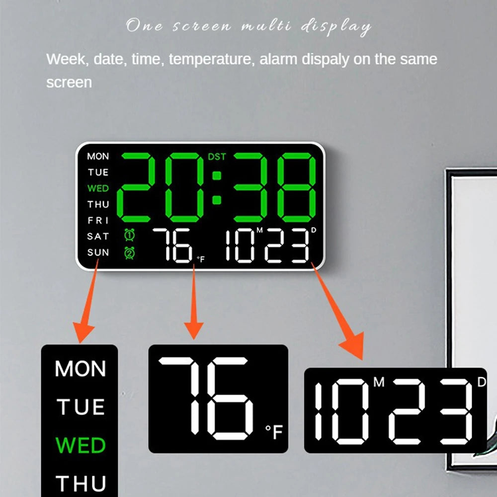 LED Digital Wall Clock – Temperature, Date & Week Display with Alarm, Voice Control & Adjustable Brightness