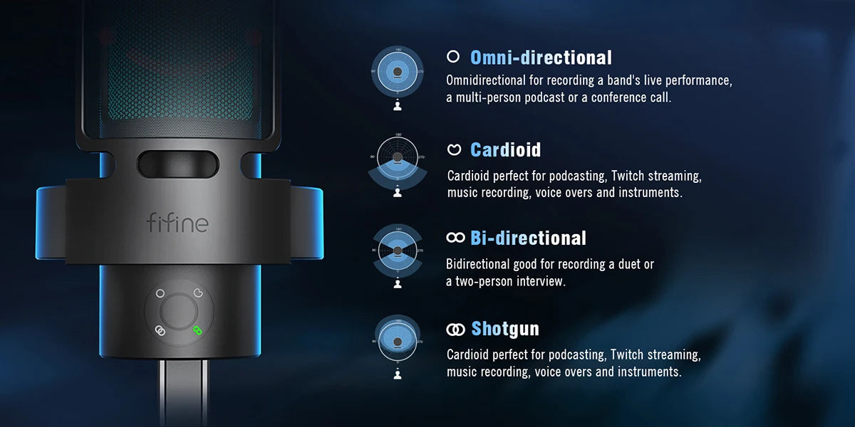 FIFINE AmpliGame A8 PLUS USB Microphone – RGB Lighting, 4 Polar Patterns, Gain Control, Live Monitoring, Mute Touch