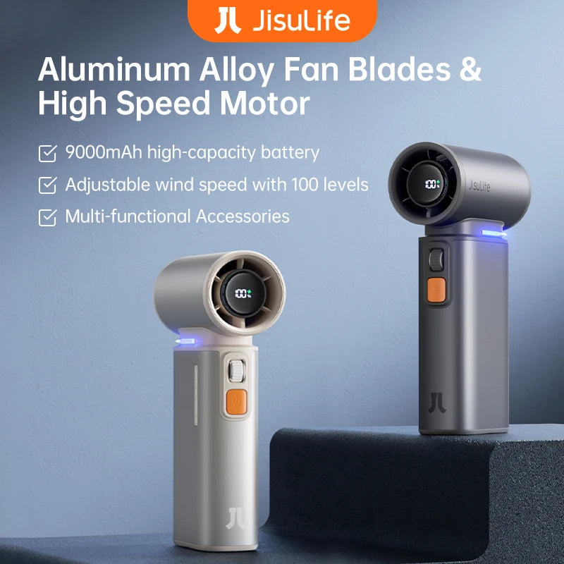 JISULIFE Portable Turbo Handheld Fan – 100 Adjustable Wind Speeds, 9000mAh Rechargeable Battery with LED Display for Outdoor & Camping