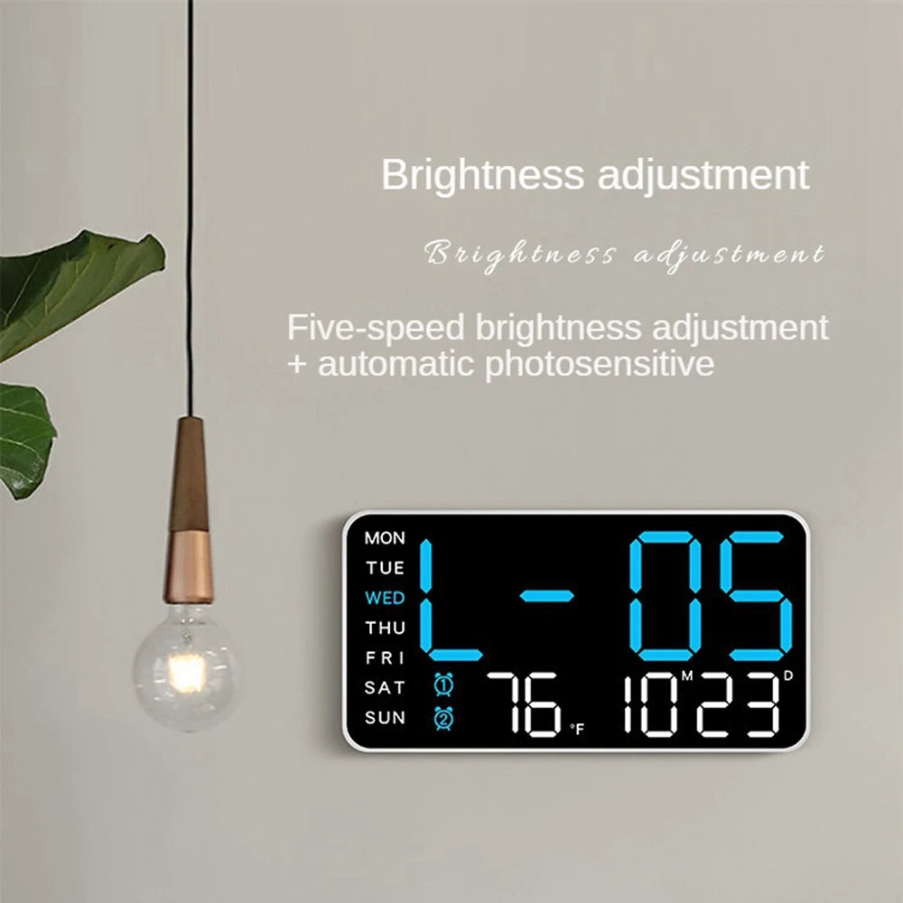 LED Digital Wall Clock – Temperature, Date & Week Display with Alarm, Voice Control & Adjustable Brightness