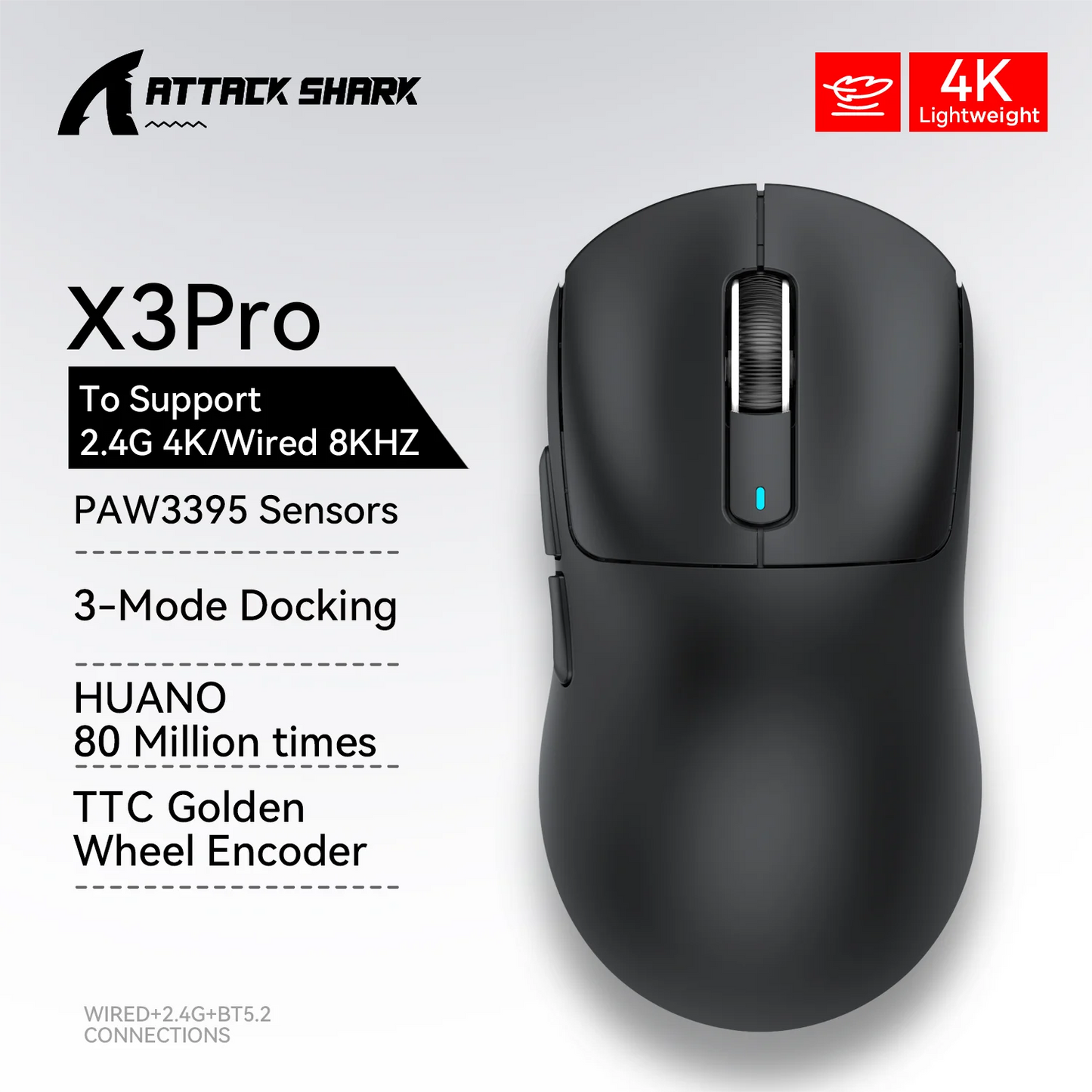 Attack Shark X3Pro / X3 Wireless Gaming Mouse | 26000 DPI PAW3395 Sensor | Tri-Mode Connection | 4K Polling Rate | 59g Ultra Lightweight