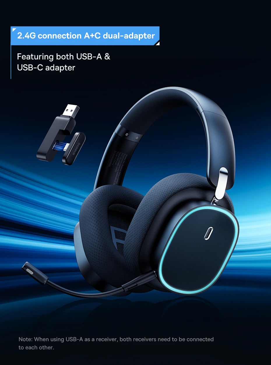 Baseus GH02 Wireless Gaming Headphones with Mic | Bluetooth 5.3, 40mm Drivers, RGB, 2.4G/Wired/BT – 40H Battery, Over-Ear Headset