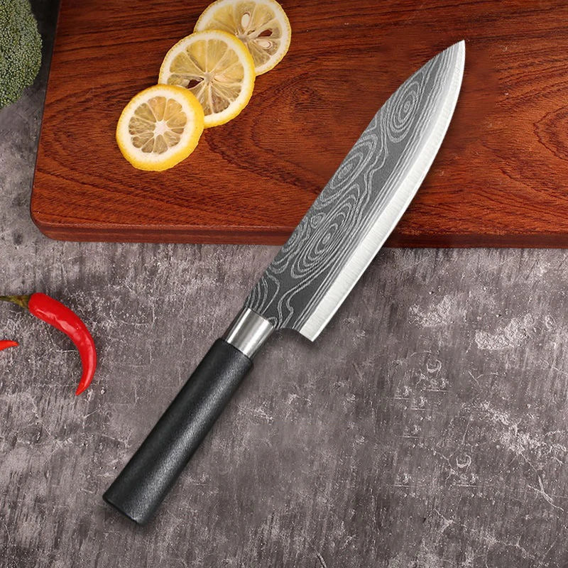 Laser Damascus Kitchen Knife & Scissors Set – Stainless Steel Sharp Chef Knives with Sharpening Rod for Cooking