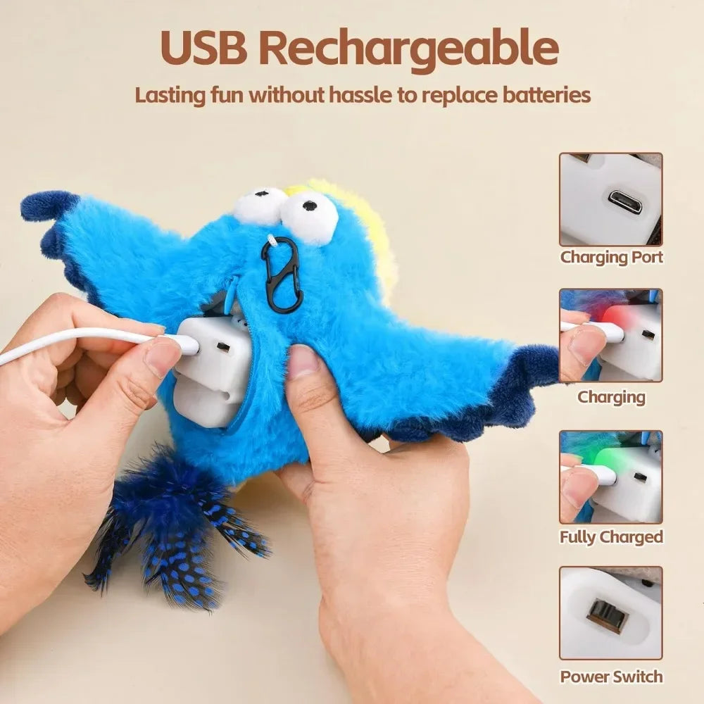 Interactive Cat Toy – Rechargeable Chirping Flapping Bird with Catnip | Touch-Activated Plush Toy for Indoor Cats