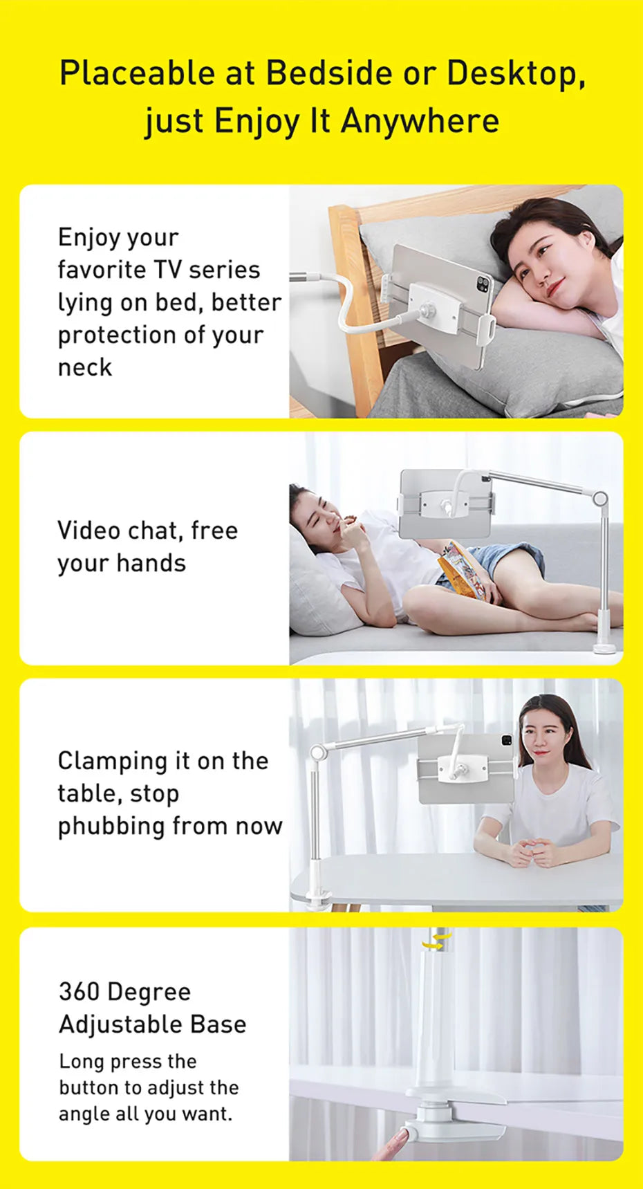Baseus Universal Flexible Phone Holder – 360° Rotation Long Arm Stand for Bed, Desk, iPhone, iPad, Tablet