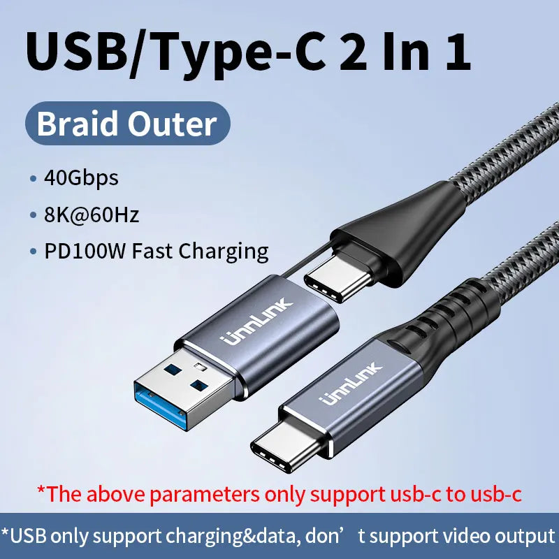 Unnlink 2-in-1 USB Type-C Data Cable – 100W PD Fast Charging & 40Gbps Thunderbolt 4/3 Compatible