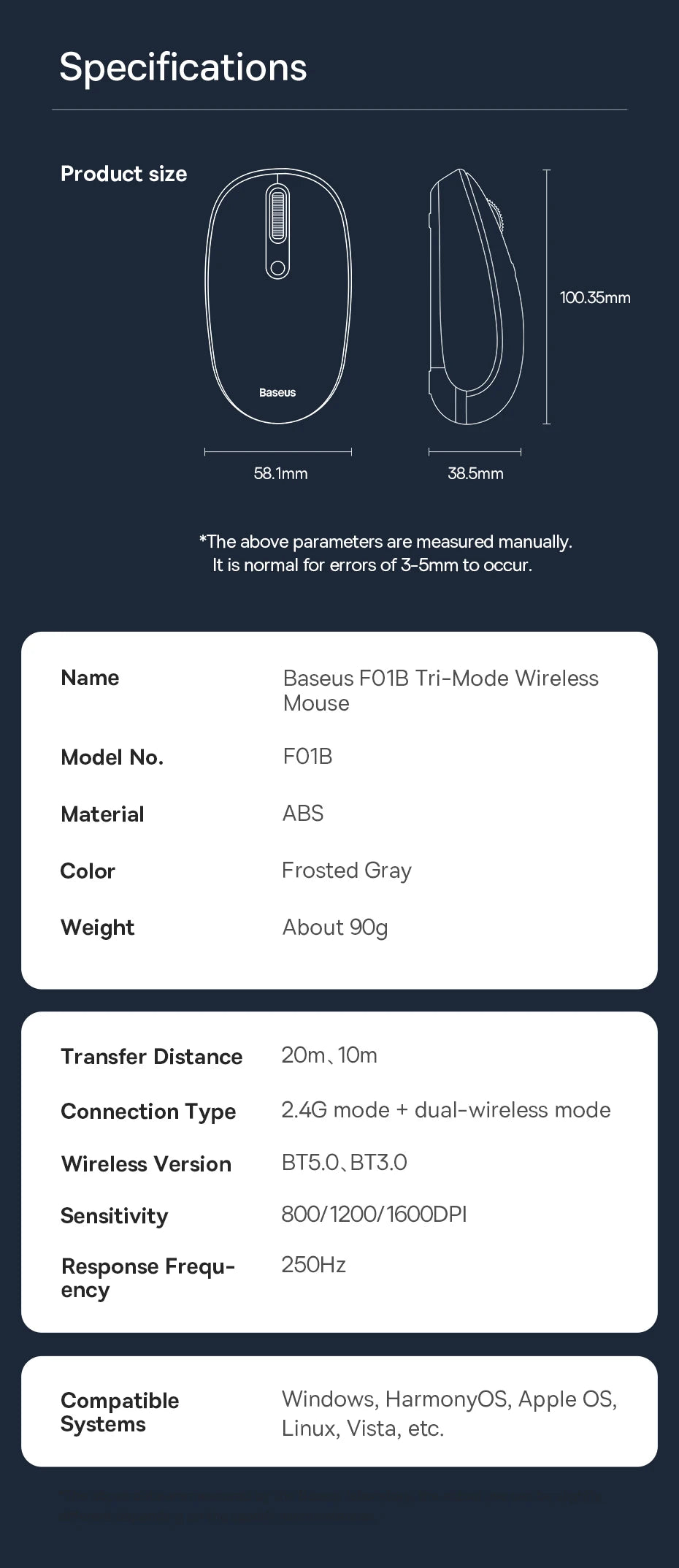 Baseus Wireless Bluetooth Mouse F01B | 3-Mode Connection (2.4G/BT5.0/BT3.0) | Ergonomic, Silent Click | for Laptop, Mac, PC