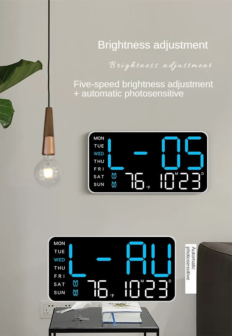 LED Digital Wall Clock – Temperature, Date & Week Display with Alarm, Voice Control & Adjustable Brightness