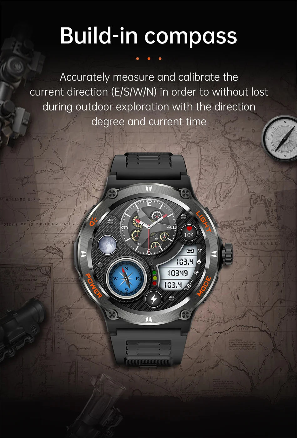 2024 New Outdoor Sport Smartwatch – GPS, Compass, LED Flashlight, 3ATM Waterproof, BT5.3 Call for Huawei & Xiaomi