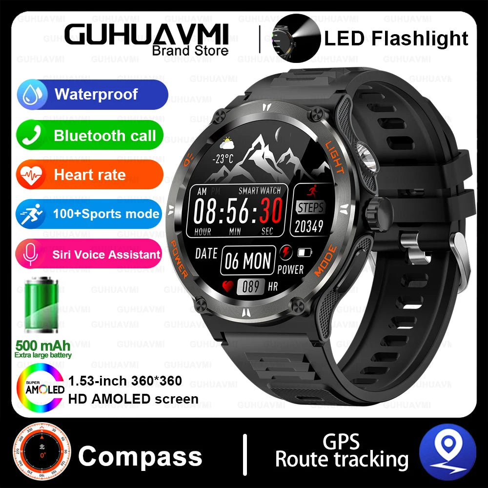 2024 New Outdoor Sport Smartwatch – GPS, Compass, LED Flashlight, 3ATM Waterproof, BT5.3 Call for Huawei & Xiaomi