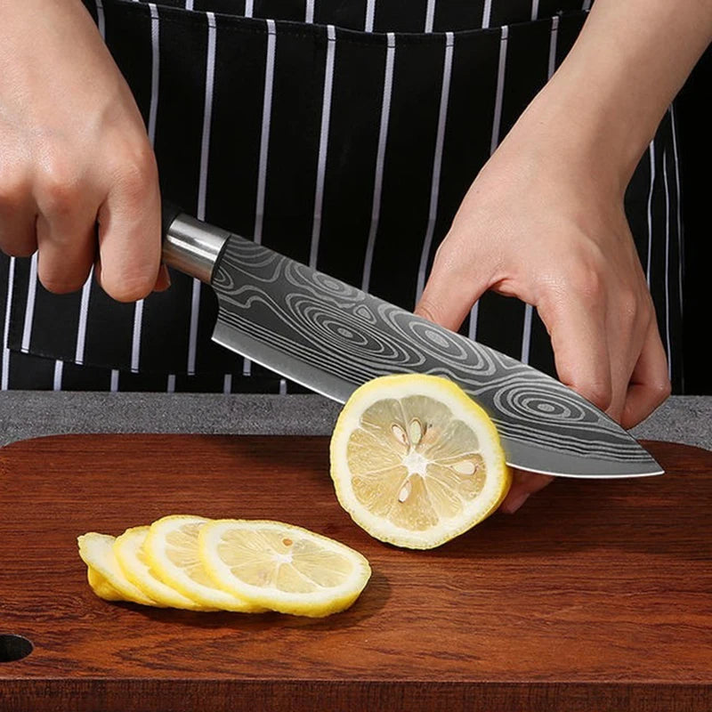 Laser Damascus Kitchen Knife & Scissors Set – Stainless Steel Sharp Chef Knives with Sharpening Rod for Cooking