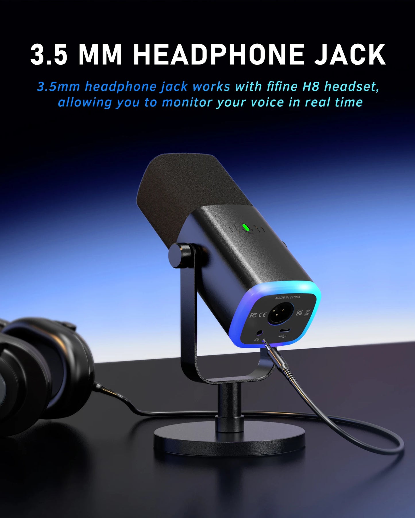 FIFINE AM8 USB/XLR Dynamic Gaming Microphone with RGB Lights, Touch Mute, Headphone Jack for Streaming, Podcast, PC, PS5, PS4 – Studio Quality Sound Mic