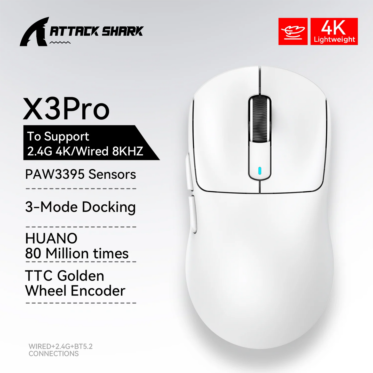 Attack Shark X3Pro / X3 Wireless Gaming Mouse | 26000 DPI PAW3395 Sensor | Tri-Mode Connection | 4K Polling Rate | 59g Ultra Lightweight