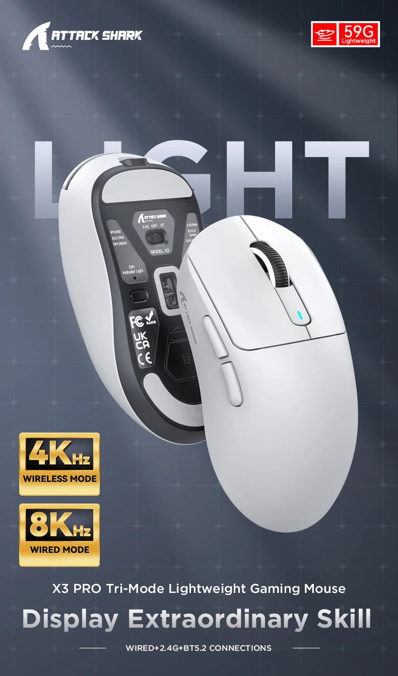 Attack Shark X3Pro / X3 Wireless Gaming Mouse | 26000 DPI PAW3395 Sensor | Tri-Mode Connection | 4K Polling Rate | 59g Ultra Lightweight