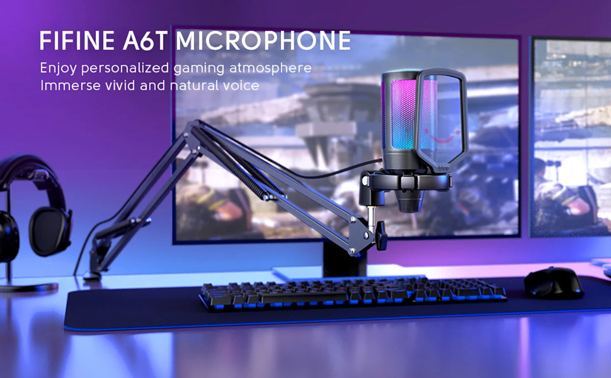 FIFINE A6T USB Gaming Microphone Kit | RGB Condenser Mic with Arm Stand, Mute Button | For Streaming, PS4/PS5, PC, YouTube, Discord