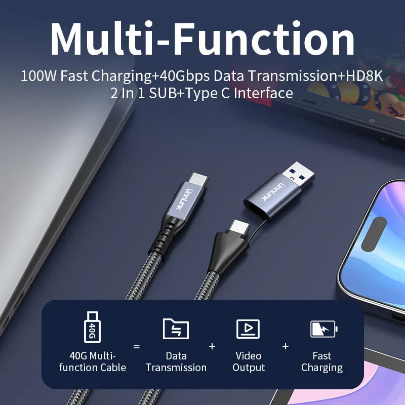 Unnlink 2-in-1 USB Type-C Data Cable – 100W PD Fast Charging & 40Gbps Thunderbolt 4/3 Compatible