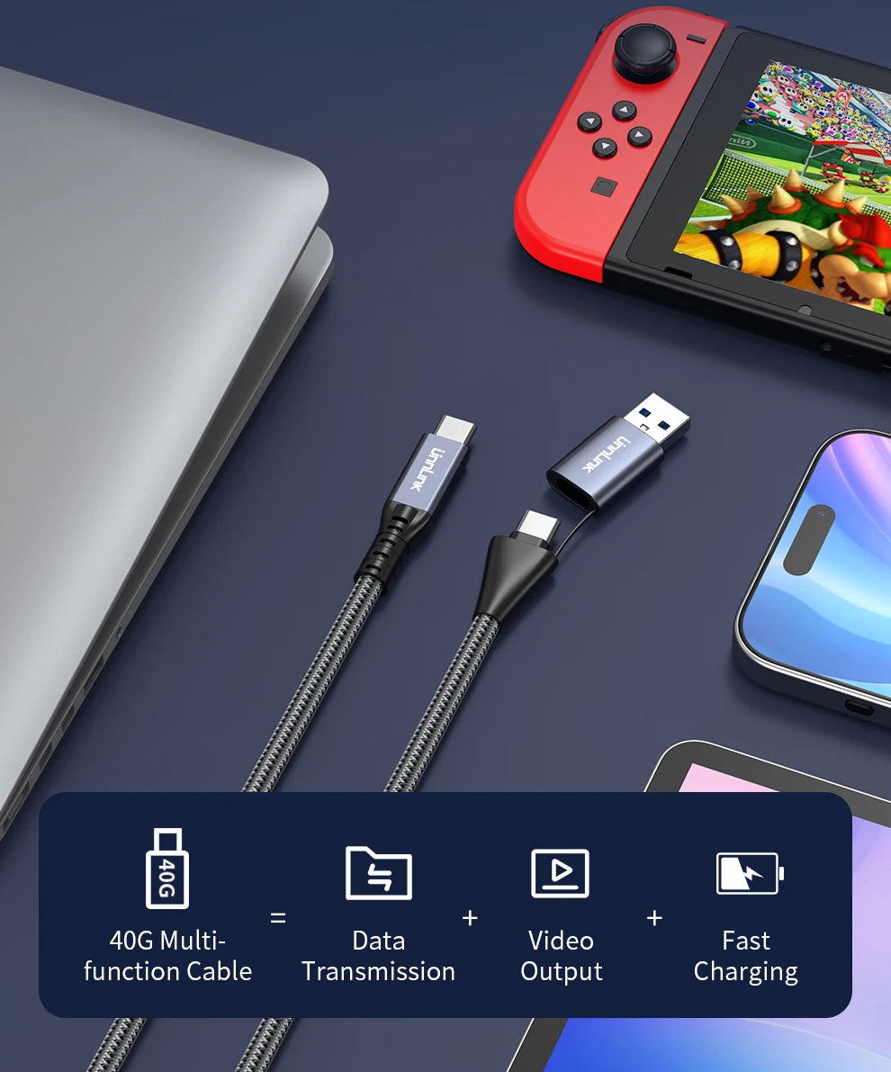 Unnlink 2-in-1 USB Type-C Data Cable – 100W PD Fast Charging & 40Gbps Thunderbolt 4/3 Compatible