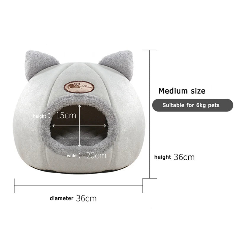 Winter Warm Cat Bed – Cozy Cat Cave Tent with Removable Cushion Pillow | Cute Cat Head Shape Pet Bed