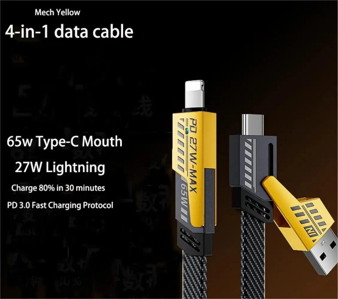 4-in-1 Fast Charging Data Cable | 65W PD & 27W QC | 1M Type-C Multi-Device Charging Cord for Android, iPhone, Tablets, Laptops