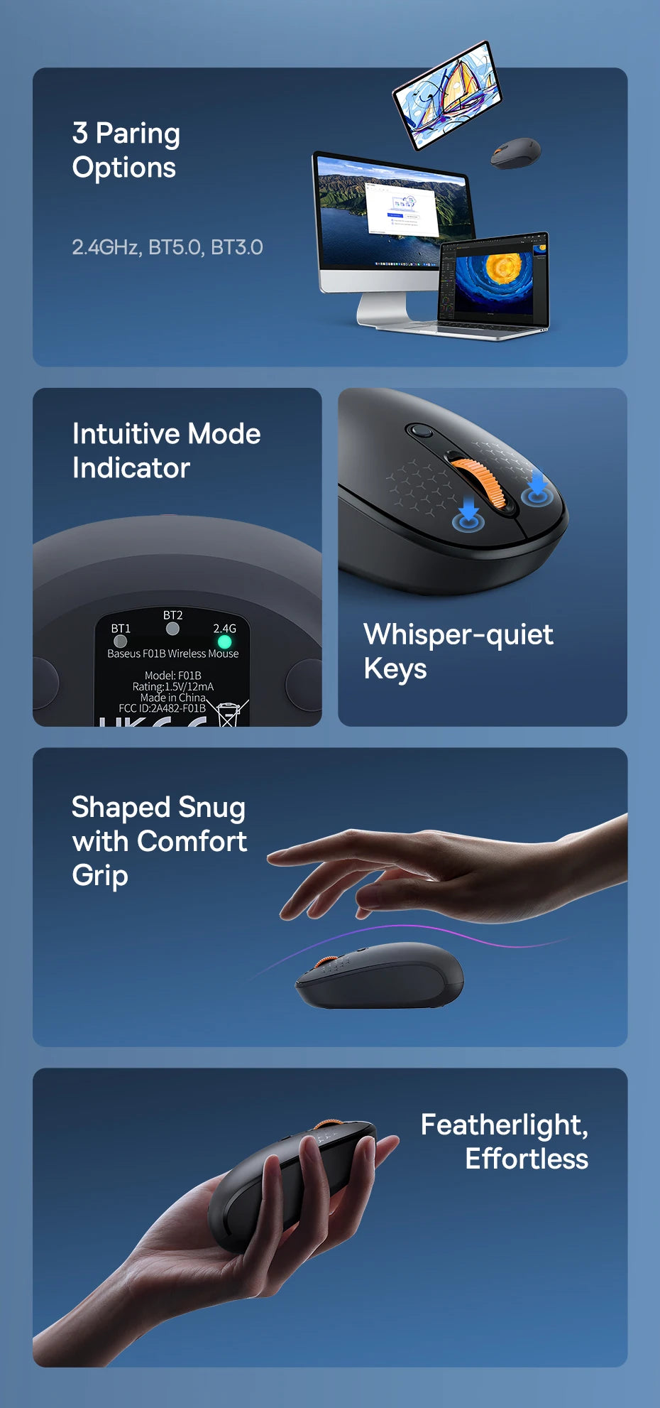 Baseus Wireless Bluetooth Mouse F01B | 3-Mode Connection (2.4G/BT5.0/BT3.0) | Ergonomic, Silent Click | for Laptop, Mac, PC