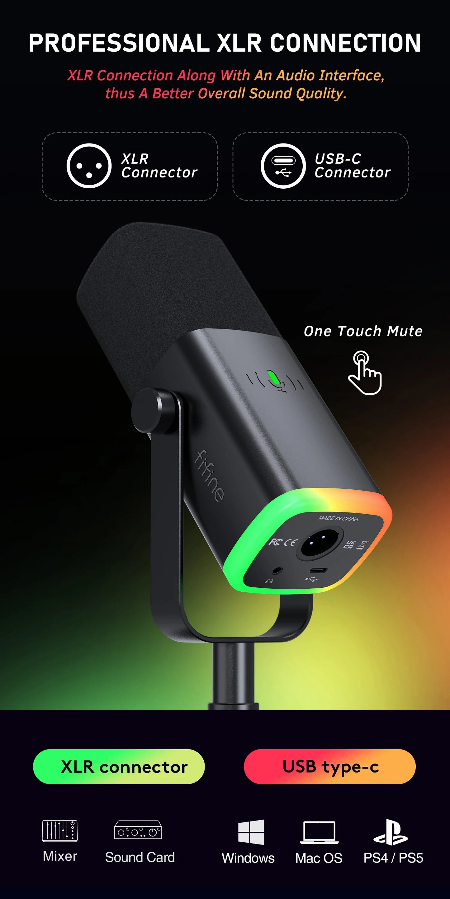 FIFINE AM8 USB/XLR Dynamic Gaming Microphone with RGB Lights, Touch Mute, Headphone Jack for Streaming, Podcast, PC, PS5, PS4 – Studio Quality Sound Mic