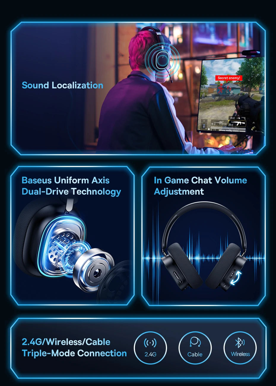 Baseus GH02 Wireless Gaming Headphones with Mic | Bluetooth 5.3, 40mm Drivers, RGB, 2.4G/Wired/BT – 40H Battery, Over-Ear Headset