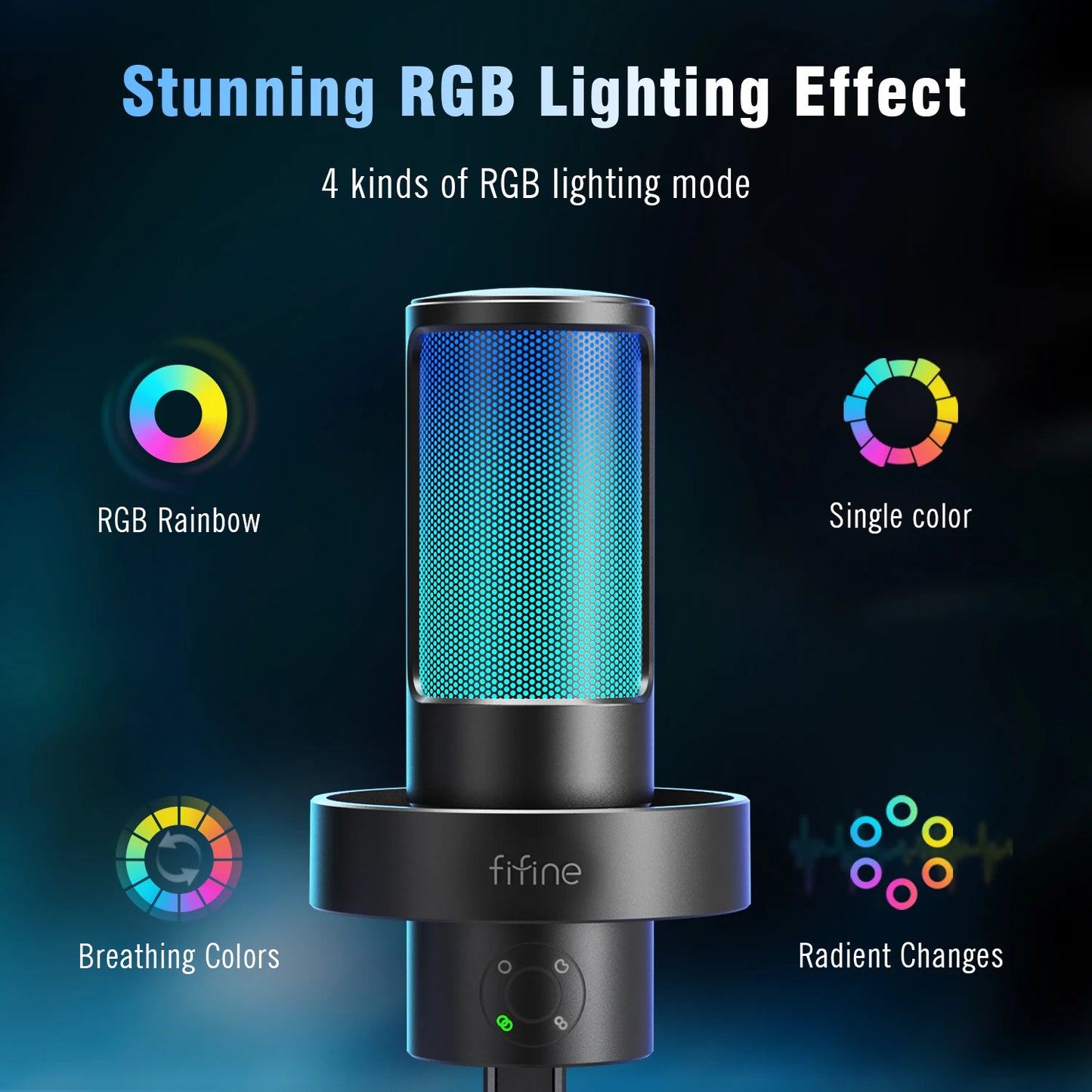 FIFINE AmpliGame A8 PLUS USB Microphone – RGB Lighting, 4 Polar Patterns, Gain Control, Live Monitoring, Mute Touch