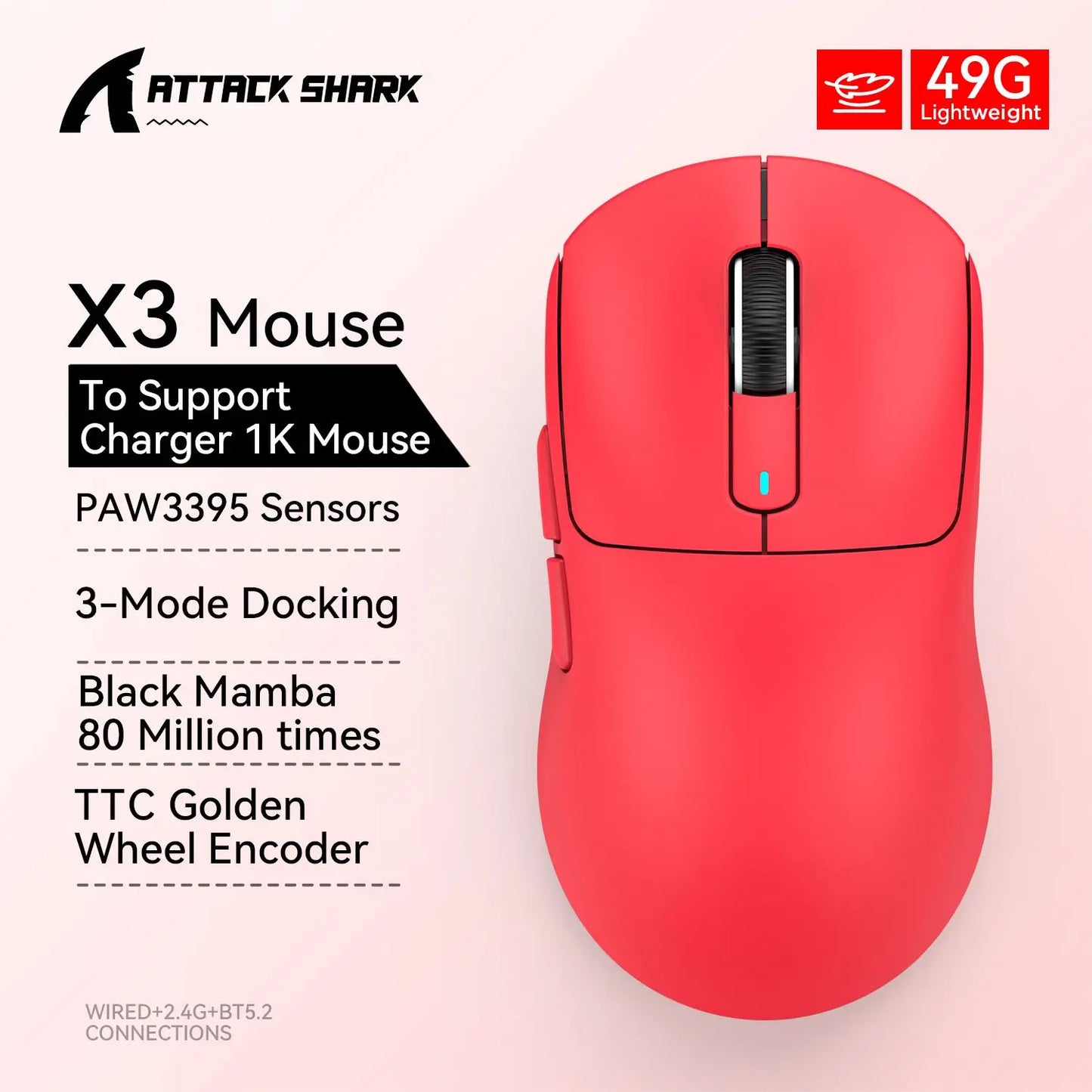 Attack Shark X3Pro / X3 Wireless Gaming Mouse | 26000 DPI PAW3395 Sensor | Tri-Mode Connection | 4K Polling Rate | 59g Ultra Lightweight