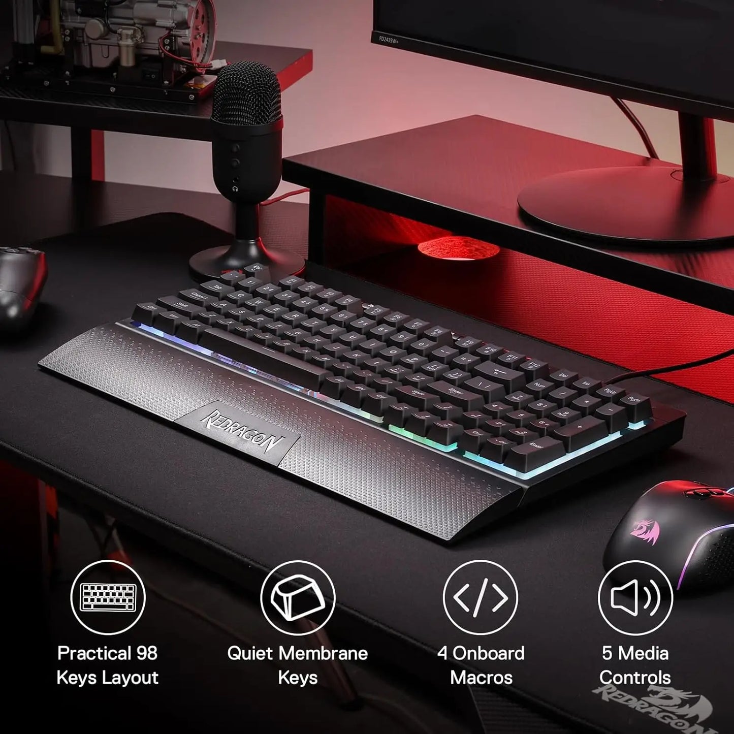 Redragon K515 Shiva RGB Gaming Keyboard | 98 Keys Mechanical Feel | Linear Switch | Detachable Wrist Rest | USB Wired