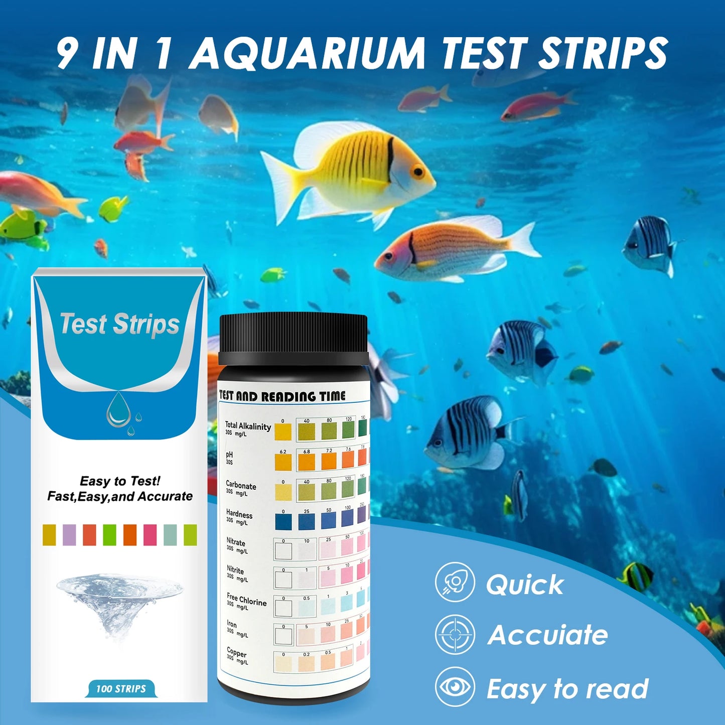 100 Pcs 9-in-1 / 7-in-1 Aquarium Test Kit – Fish Tank Water Quality Monitor with pH Test Strips, Fast & Accurate