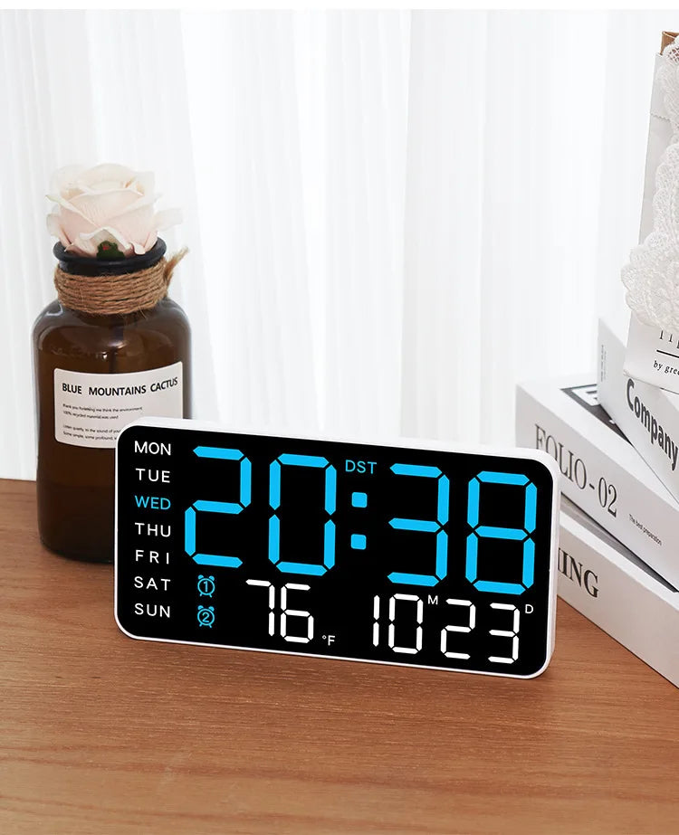 LED Digital Wall Clock – Temperature, Date & Week Display with Alarm, Voice Control & Adjustable Brightness