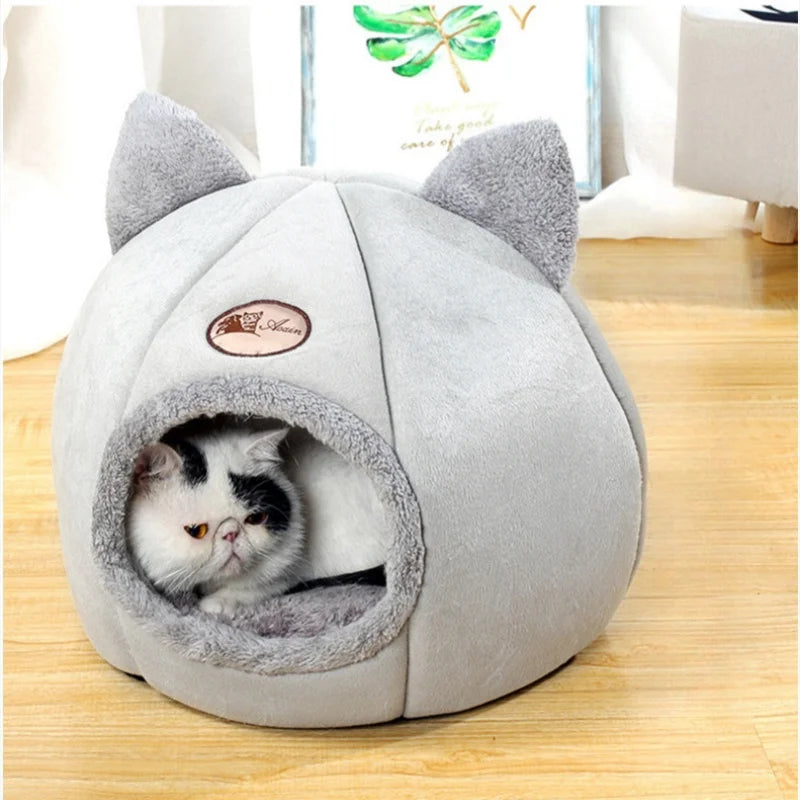 Winter Warm Cat Bed – Cozy Cat Cave Tent with Removable Cushion Pillow | Cute Cat Head Shape Pet Bed
