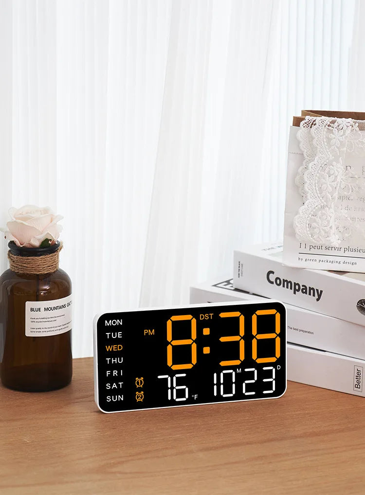 LED Digital Wall Clock – Temperature, Date & Week Display with Alarm, Voice Control & Adjustable Brightness