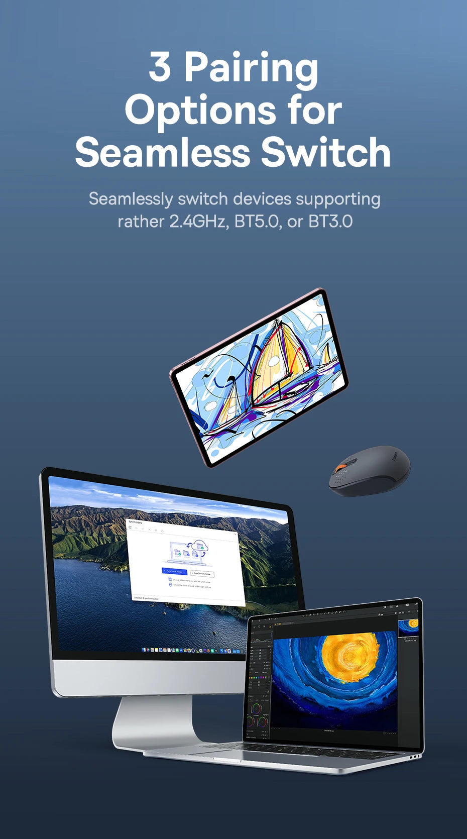 Baseus Wireless Bluetooth Mouse F01B | 3-Mode Connection (2.4G/BT5.0/BT3.0) | Ergonomic, Silent Click | for Laptop, Mac, PC